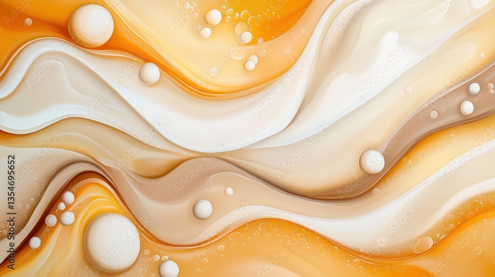 Poster a vibrant abstract design featuring flowing waves in shades of orange and cream, accented with circu