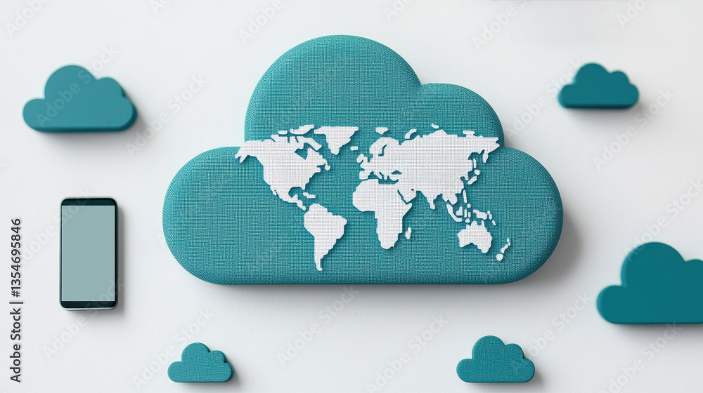 Poster cloud computing concept with world map on cloud icon and smartphone, symbolizing data connectivity a