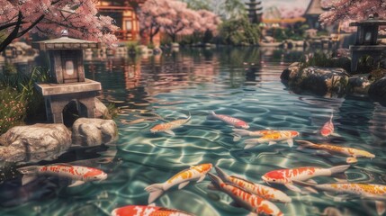 Visualize a majestic koi pond in a serene Japanese garden, where beautifully patterned koi fish glide through the clear water. 