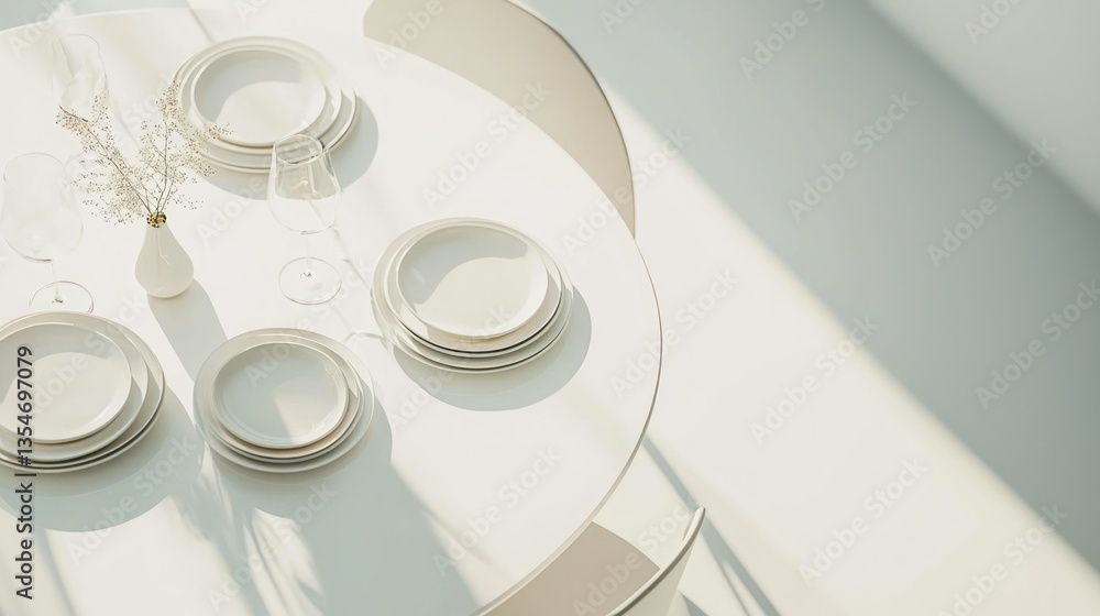 Poster a high-angle view of a minimalist dining table set with elegant tableware on a plain white backdrop,