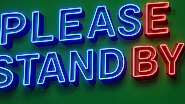 Displaying Neon Please Stand By Sign on Green Background - Powered by Adobe