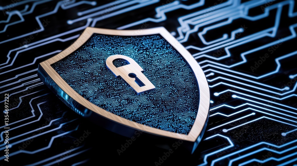 Poster digital shield with lock symbol on circuit background