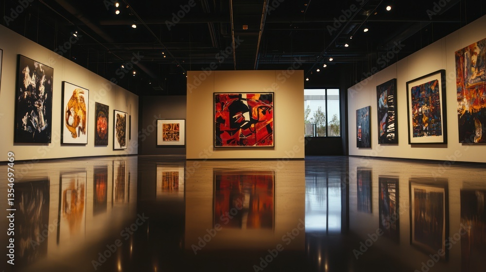 Poster a high-contrast gallery space where bold art pieces are accentuated by dramatic lighting and deep sh