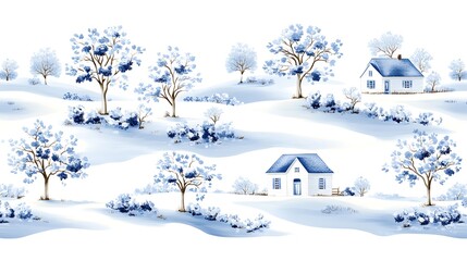 Naklejka premium Serene Winter Landscape Blue Houses Snowy Hills and Frosty Trees Watercolor Painting