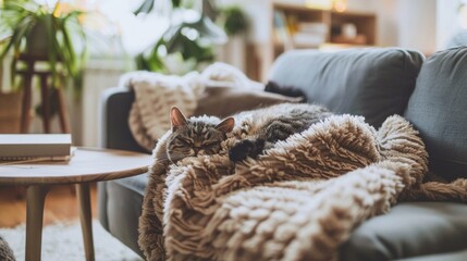 Visualize a person sleeping on a plush couch in a cozy living room. A soft throw blanket covers them, and a cat curls up at their feet.