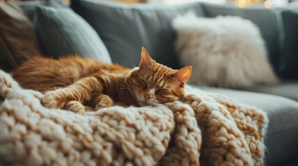 Visualize a person sleeping on a plush couch in a cozy living room. A soft throw blanket covers them, and a cat curls up at their feet.