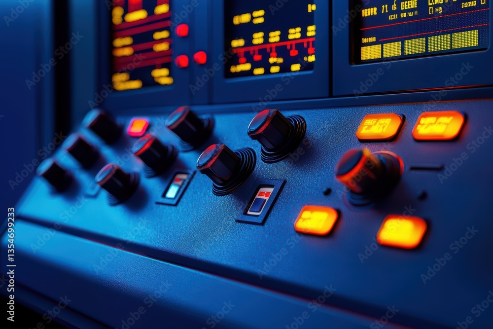 Poster control panel with colorful buttons and screens