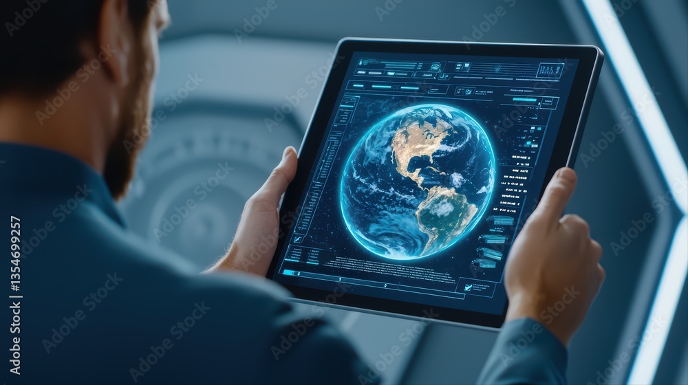 Poster user interacting with globe visualization on tablet