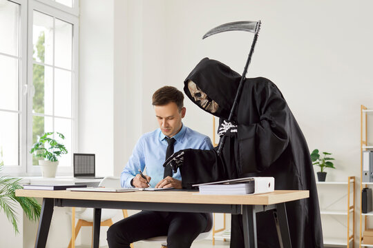 Businessman sits in an office, signing a contract to sell his soul to the grim reaper. The devilish figure, representing death, oversees the transaction, blending the eerie with the business world.