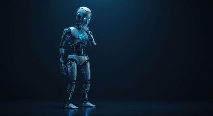 Fototapeta premium Futuristic robot in a thoughtful pose, symbolizing artificial intelligence, deep thinking, and advanced digital consciousness in a tech world