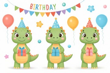 Obraz premium Creative design featuring dinosaurs with gifts, celebrating a fun birthday party (Happy Birthday)