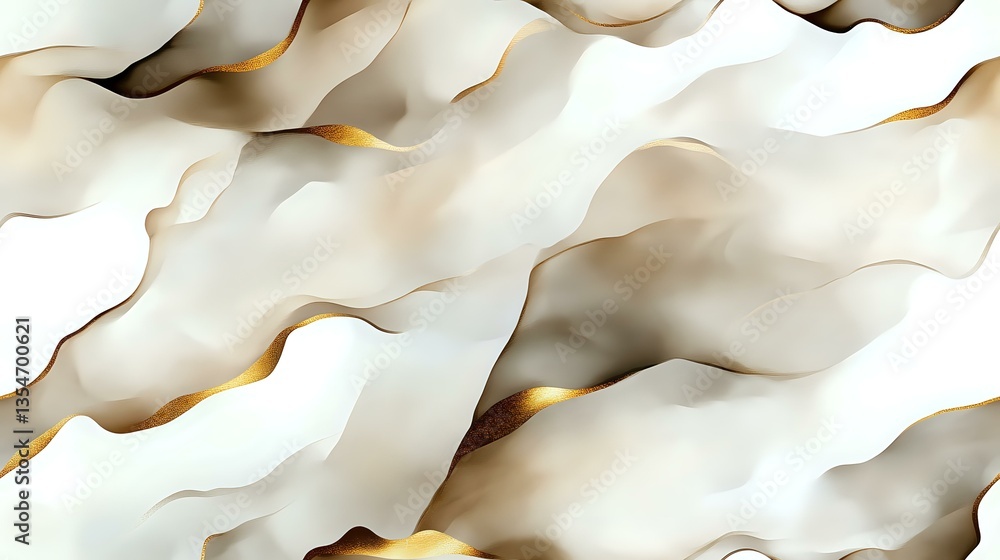 Poster abstract wavy white and gold pattern with smooth flowing curves and gentle shadows creating elegant 