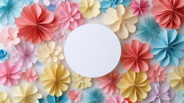 Paper cut illustration of vibrant flowers with circle space for text in the center. Cutout floral composition with blossoms mockup for invitation, greeting card, mothers day