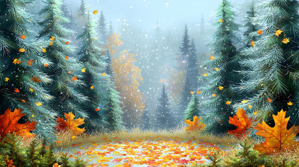 Autumnal forest scene in light snowfall.  A tranquil, picturesque setting with tall evergreens, colorful autumn leaves on the ground, and a light dusting of snow