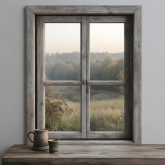Rustic window view of a serene landscape