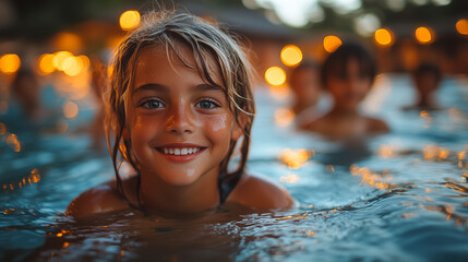 Older Kids Swimming at Night with Glowing Pool Toys and Underwater Lights