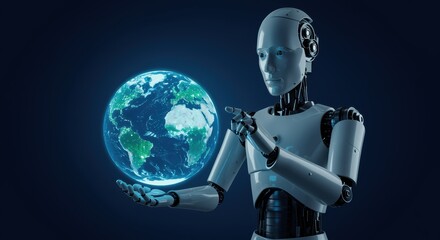 Obraz premium Futuristic robot holding a glowy digital world in a dark, moody space, symbolizing global connection and advanced technology