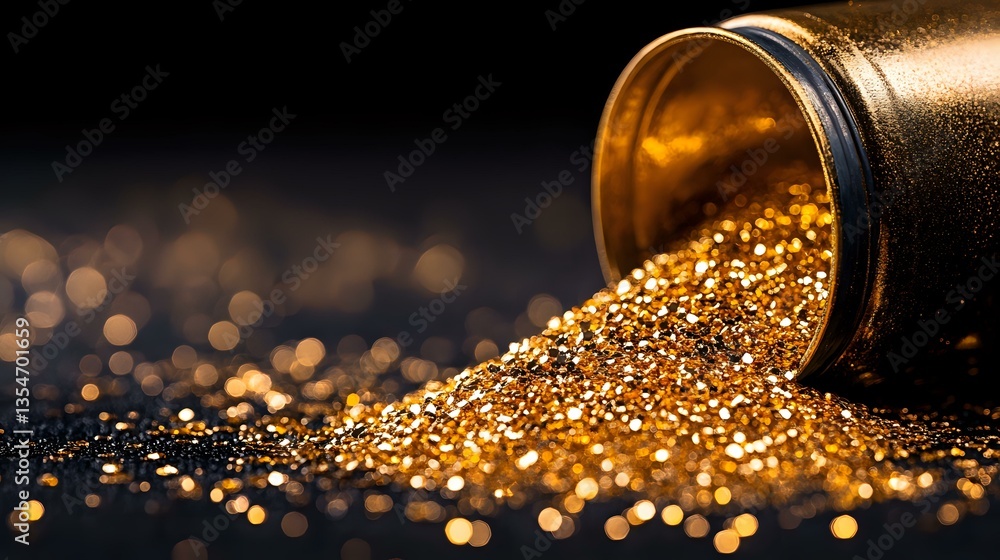 Poster spilled golden glitter particles from black container creating magical sparkle effect on dark backgr