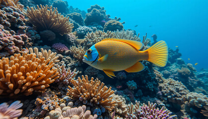 Yellow fish coral reef ocean.