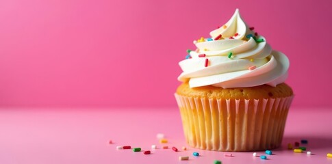 Close-up shot of a perfectly frosted birthday cupcake, colorful sprinkles, against a bold backdrop , detail, close-up, brown