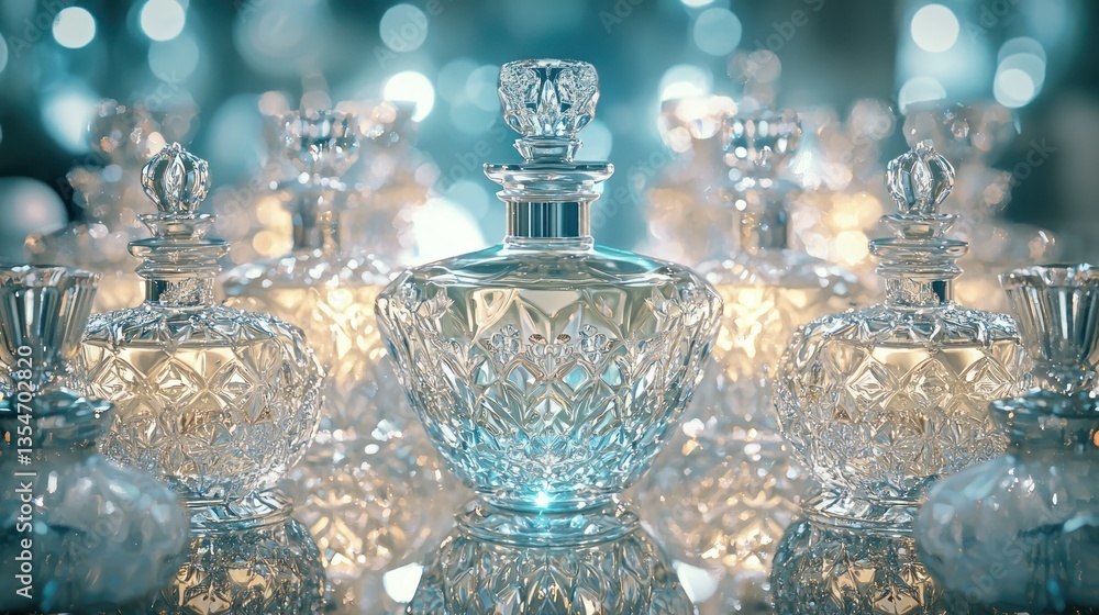 Poster a luxurious still life featuring an array of elegant perfume bottles with intricate designs, arrange