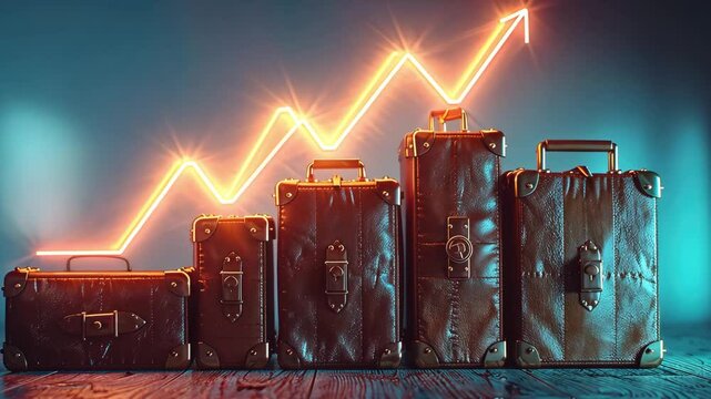 Vintage luggage stacked on wood floor with glowing graph line in the background symbolizing travel trends and increasing demand in the tourism market