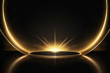 Stage opening golden stage glitter with spotlights and luxury gold light streak. Particle luxury for ceremony background