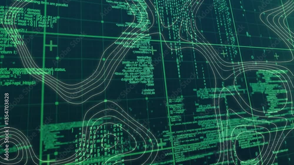 Poster digital code and data processing animation over abstract grid background
