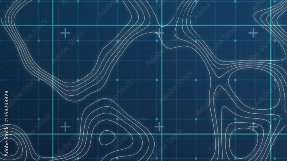 Poster forming abstract topographic map design, contour lines and grid pattern in animation