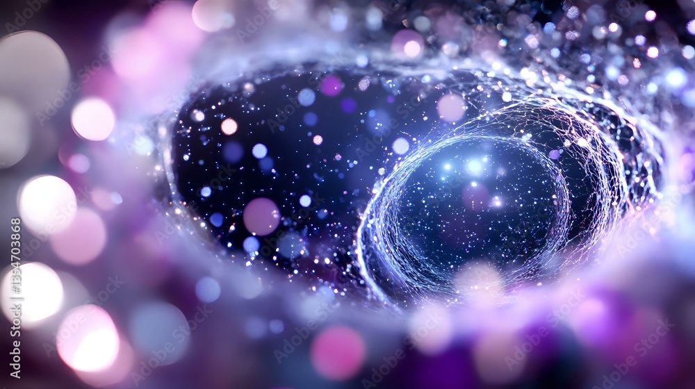 Poster cosmic abstract background with glowing purple and blue energy waves, sparkles and bokeh lights crea