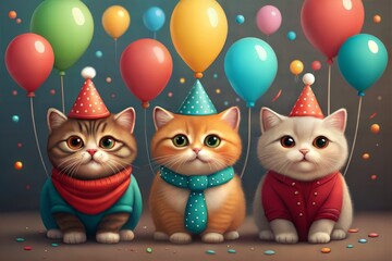 Obraz premium Adorable Cats in Festive Birthday Costumes with Balloons 
