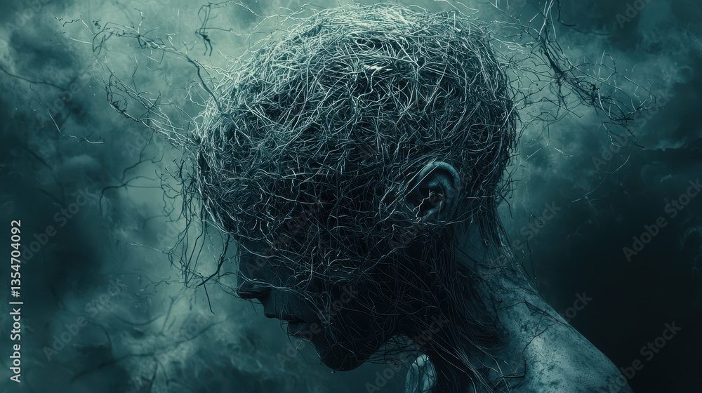 Poster futuristic portrayal of the human brain entangled in threads of worry and overthinking in a dark eth