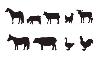 Farm Animals Set - Silhouettes of Cow, Pig, Sheep, Hen, Duck, Horse