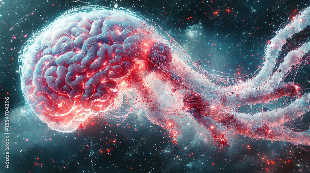 Aufkleber futuristic human brain entwined in glowing threads representing worry and overthinking in a dark eth