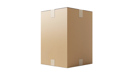 Box of Delivery: A photorealistic cardboard box stands isolated, its taped edges a testament to secure packaging, ready for shipment and conveying a sense of anticipation and new beginnings.