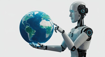 Futuristic robot holding a glowing digital world, symbolizing global connection and advanced technology in a clean environment