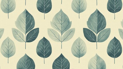 Seamless pattern of stylized leaves in muted teal and beige.