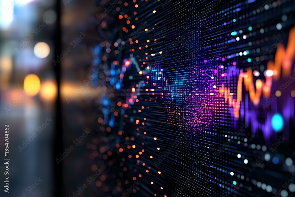 Poster digital stock market data visualization with glowing neon lines and graphs against dark background s