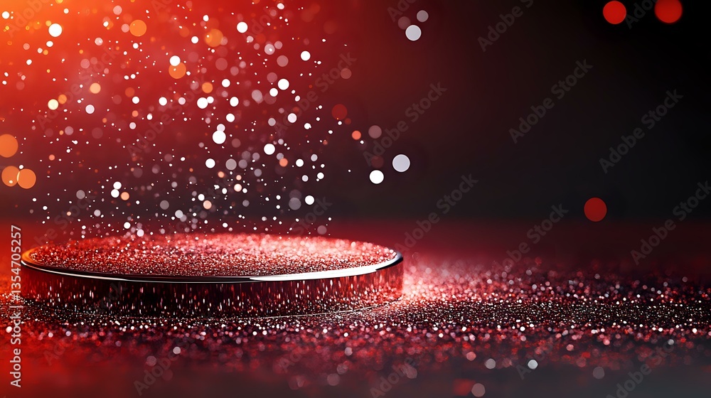 Aufkleber red glowing platform with sparkling particles and bokeh effects on dark background creates dramatic 