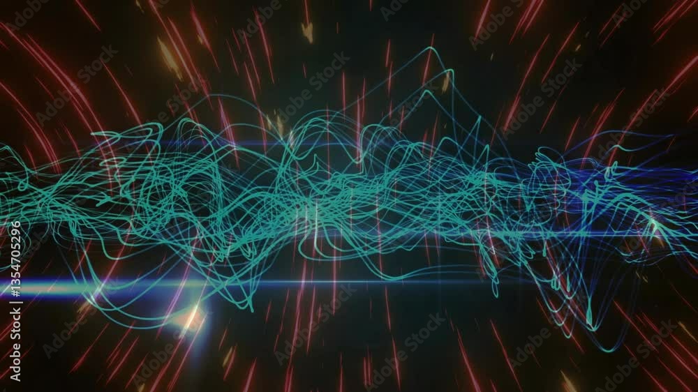 Poster creating abstract digital wave patterns, dynamic blue and red light trails