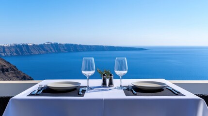 Fototapeta premium Santorini Restaurant Table with Ocean View