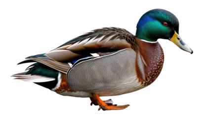 Vibrant Duck Profile: a stunning portrait of a mallard duck in striking detail. The duck's iridescent feathers, and charming demeanor are captured.