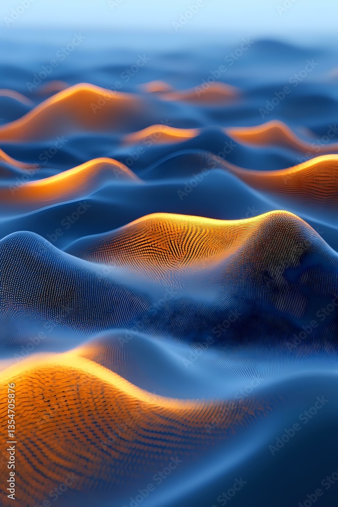 Poster abstract wavy landscape with glowing orange and deep blue gradients creating fluid topographic patte