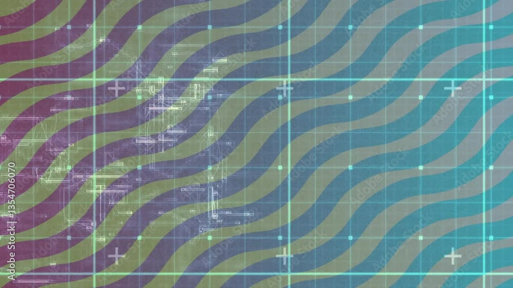 Poster animation with wavy lines, grid pattern, abstract digital elements, glowing dots