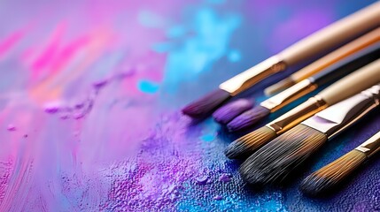 Artist paintbrushes on vibrant purple and blue textured background with scattered pigment powder, creating atmospheric artistic composition for creative projects.