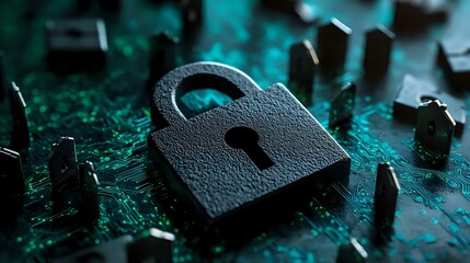 Black padlock on circuit board with dramatic teal lighting, representing digital security, data protection and cybersecurity concepts in modern technology.