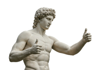 Isolated White Marble Statue of Apollo Giving Thumbs Up with Both Hands, Showing Strong Approval