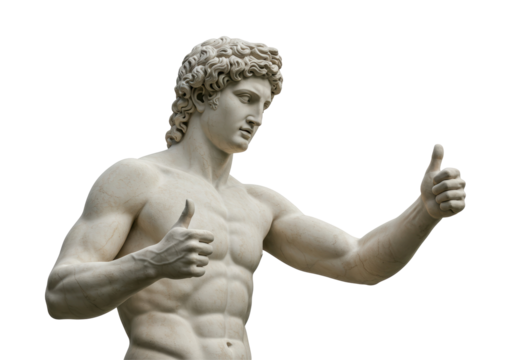 Isolated White Marble Statue of Apollo Giving Thumbs Up with Both Hands, Showing Strong Approval