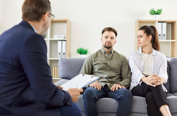 Professional therapist session, giving psychological help consulting couple with family crisis or...