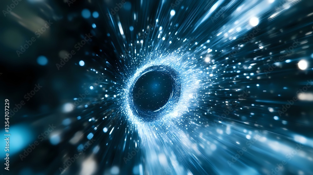 Poster glowing blue wormhole tunnel with light streaks and particles creating dynamic motion effect against